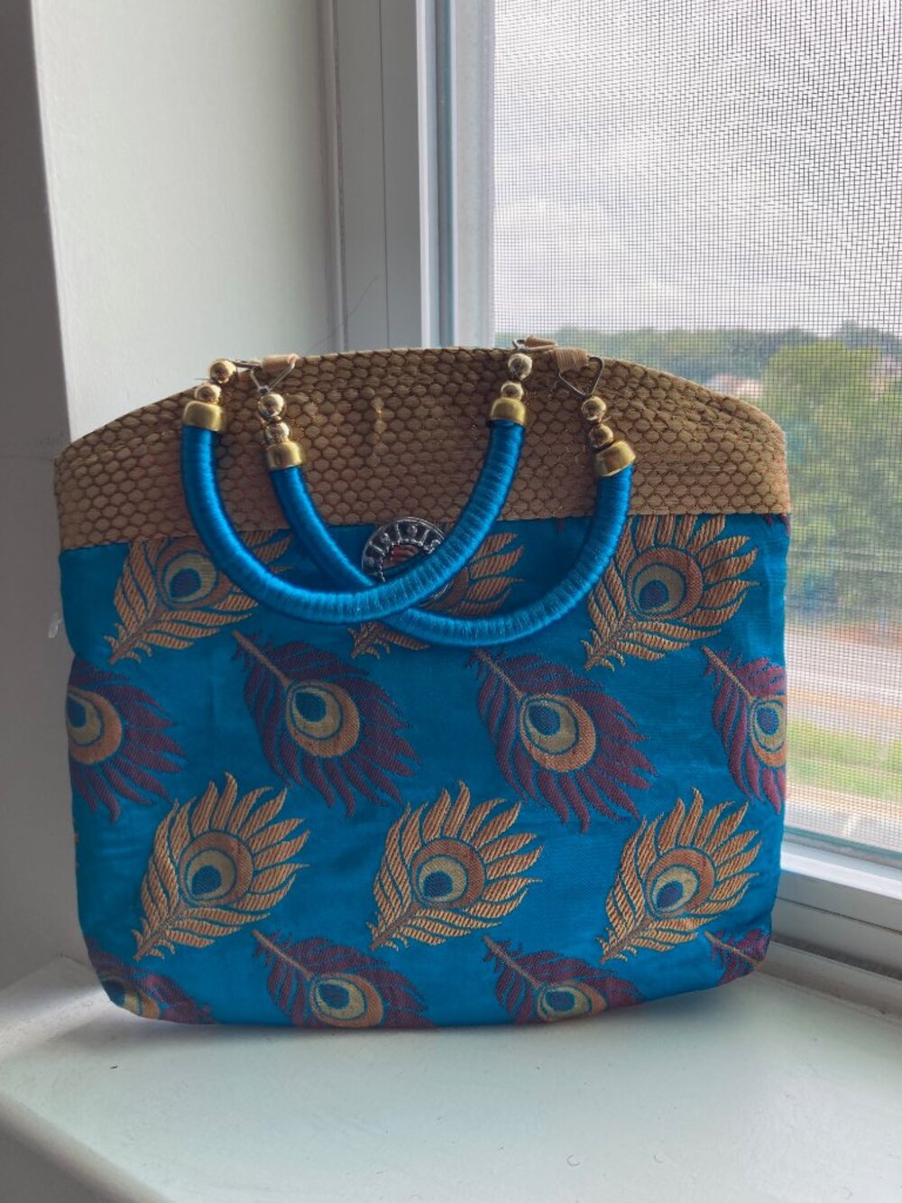 Handmade Blue Peacock Print Fabric Tote Bag Boho Shoulder Purse.